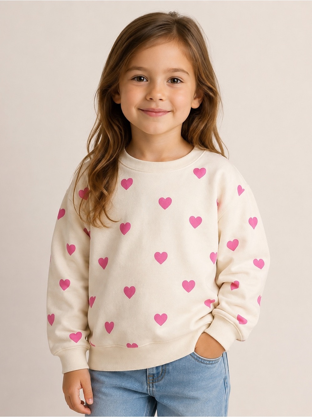 H&M Girls Cream Pink Heart Sweatshirt Size 6-7Y NWT